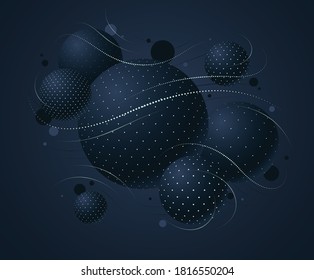 Resumen de esferas negras punteadas fondo vectorial, composición de bolas voladoras decoradas con puntos y líneas, globos mixtos 3D