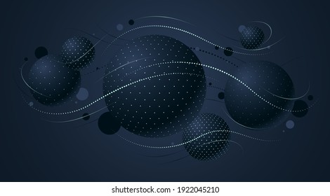 Abstract black dotted spheres vector background, composition of flying balls decorated with dots and lines, 3D mixed globes