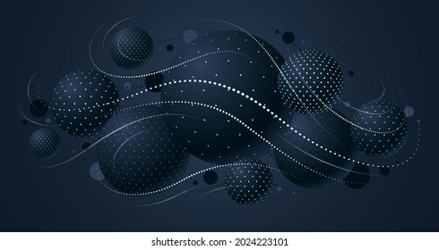 Abstract black dotted spheres vector background, composition of flying balls decorated with dots and lines, 3D mixed globes