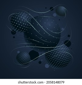 Abstract black dotted spheres vector background, composition of flying balls decorated with dots and lines, 3D mixed globes