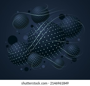 Abstract black dotted spheres vector background, composition of flying balls decorated with dots and lines, 3D mixed globes