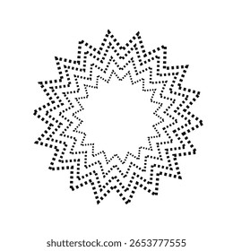 Abstract black dotted starburst pattern with zigzag radial symmetry on white background in minimal style