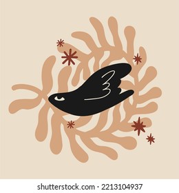 Abstract black dove. Unique boh style illustration. Perfect for poster or postcard template, trendy t-shirt design.