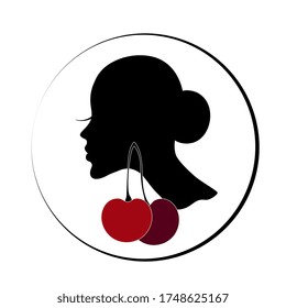 Resumen de la silueta de elegancia negra de una cabeza femenina con pendientes de frutos de cerezo.Ilustración vectorial.
