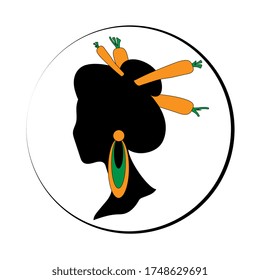 Abstract black elegance silhouette of a female head with hairpin carrot vegetable in hairstyle,vector illustration.