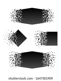 Abstract black explosion isolated on white background. Vector set square destruction shapes with debris. Black square banner with debris and 3d effect of particles. Geometric illustration.