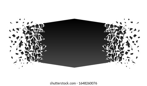 Abstract black explosion isolated on white background. Vector square destruction shapes with debris. Black square banner with debris and 3d effect of particles. Geometric illustration.