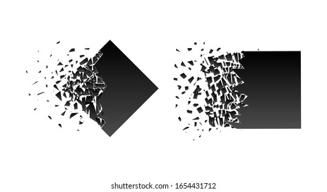 Abstract black explosion isolated on white background. Vector set square destruction shapes with debris. Black square banner with debris and 3d effect of particles. Geometric illustration.