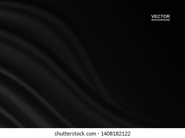 Abstract. black fabric wavy folds background. light and shadow .Vector.