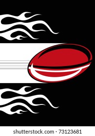 abstract black fiery background with isolated red rugby ball, illustration