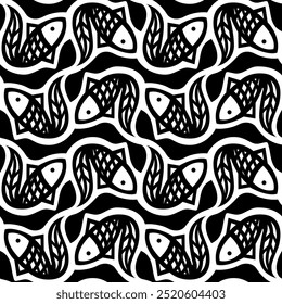 Peixe preto abstrato sobre fundo preto e branco - Repetindo imagem geométrica padrão vetor - Design infinito; Ilustração colorida - Imprimir para papel de presente, embalagem, etc.