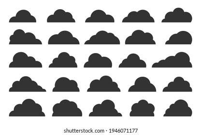 Abstract black flat clouds icon set isolated on white. Different shapes fluffy cloud icons symbol collection. Climate meteorology web banner, database technology, networking storage applications label