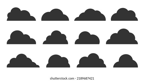 Resumen de nubes planas negras aisladas en blanco. Diferentes formas fluyen la colección de símbolos de iconos de nube. Banner web sobre meteorología climática, tecnología de bases de datos, etiqueta de aplicaciones de almacenamiento en red