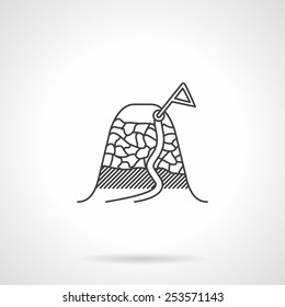 Abstract black flat line vector icon for mountaineering route with flag on gray background.