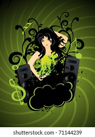 abstract black floral background with grungy speaker, musical notes and dancer