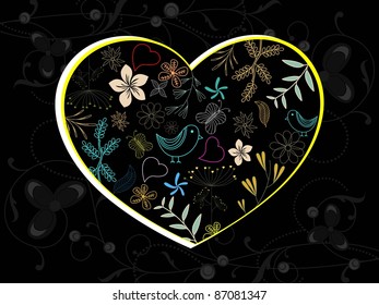 abstract black floral pattern background with colorful creative artwork decorated heart