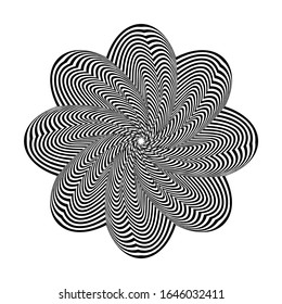 Abstract black floral shape on white background. Optical illusion of distorted surface. Twisted stripes. Stylized 3d surface. Vector illustration. Great for wall art, poster, advertisement, banner 