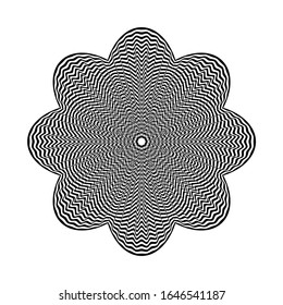 Abstract black floral shape on white background. Optical illusion of distorted surface. Twisted stripes. Vector illustration. Great for wall art, poster, advertisement, banner design.