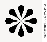 Abstract black flower pattern with symmetrical petals. Black flower design on white background. Symmetrical black flower petals create an abstract pattern. Graphic element vector.