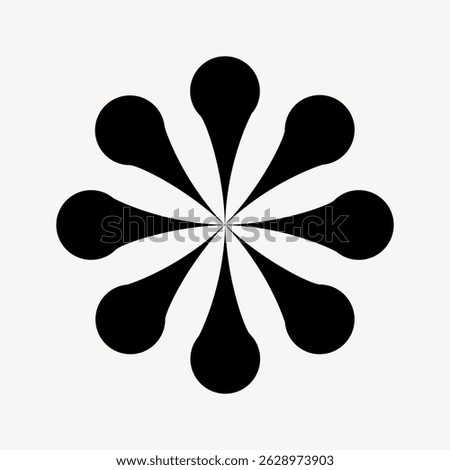 Abstract black flower pattern with symmetrical petals. Black flower design on white background. Symmetrical black flower petals create an abstract pattern. Graphic element vector.