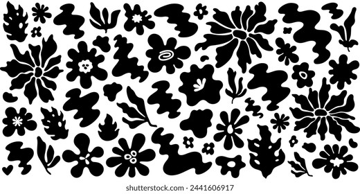 Flores negras abstractas en estilo Matisse. Patrón vectorial. Fondo floral orgánico. Elementos de arte Doodle. Iconos florales del verano. Arte abstracto, gráfico Matisse. Collage con forma de hoja de flor