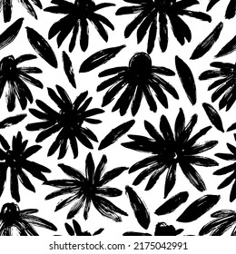 Abstract black flowers vector seamless pattern. Botanical ink ornament with floral motif. Camomile or daisy painted by brush. Flower buds with texture and scribbles. Brush stroke botanical pattern.