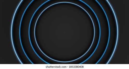 Abstract black frame background, circular overlap layer with blue light line, circle shape, dark minimal design with copy space, vector illustration