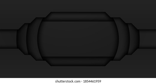Abstract black frame background, circular overlap layer with rectangle inside, circle shape, dark minimal design with copy space, vector illustration