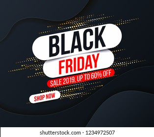 Abstract Black Friday banner with gold halftone glitter effect for special offers, sales and discounts. Promotion and shopping template for Black Friday 60% off