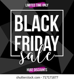 Abstract Black Friday sale design with text in white and purple on black and gray geometric background. Poster, brochure or greeting card square template with sample text.