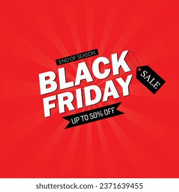 abstract black friday text banner with sale tag and red bg.