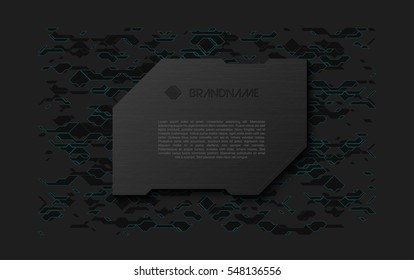 Abstract black futuristic soft welcome screen. Metal technology plate on chaotic scheme background. Sci-fi geometric vector techno element design. Tech web page graphic dark concept illustration