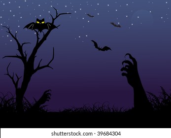 abstract black garden background with witch hand, retro tree