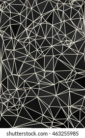 Abstract black geometric background consisting of colored triangles and light mesh. Low poly vertical pattern.