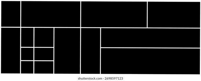 Layout geométrico preto abstrato com linhas de grade brancas formando retângulos de tamanhos variados, ideais para design moderno, arquitetura e conceitos de arte minimalista.
