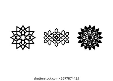 Abstract black geometric mandala patterns set. ornate designs.