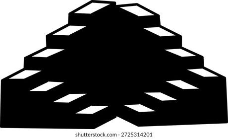 Abstractas pirámide geométrica negra hecha de pasos de cubo apilados, audaz forma minimalista 3D con fuerte contraste, diseño conceptual moderno sobre fondo blanco.