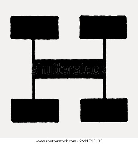 Abstract black geometric shape resembling a stylized letter 'H' on a light background. The bold black design creates a striking visual contrast. Geometric and bold. Vintage font isolated vector.