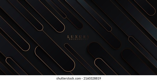 Abstract black geometric shapes background with diagonal golden lines and shadow decoration. Modern luxury diagonal rounded lines overlap pattern. Luxury and elegant. Vector illustration
