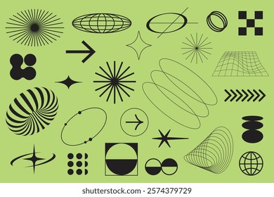 Abstract black geometric shapes on a green background. Includes arrows, circles, stars, and spirals. Various abstract shapes create a dynamic design. Cool geometric shapes, element set. Vectors.