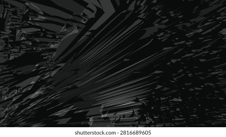 Abstract black geometric shard explosion with sharp fragmented layers and dramatic radial speed lines creating a futuristic motion background