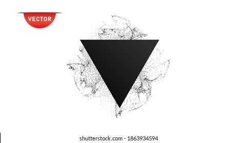 Abstract black geometric triangle, splash, explosion, small dust particles. Banner. Poster. Vector illustration.
