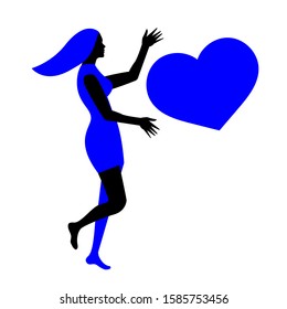An abstract black girl in a blue dress who throws up a heart is isolated on a white background. vector stock illustration. stinker plays love, concept.
