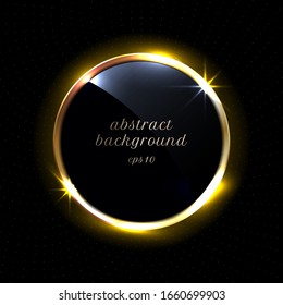 Abstract Black Glossy Circles Golden Border Round Frame with Gold Particle on Dark Background. Luxury Style. Vector Illustration