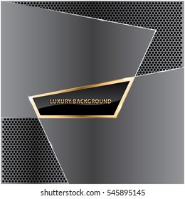 Abstract black glossy gold line dark gray plate on circle mesh design luxury background vector illustration.