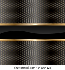 Abstract black glossy label on gold line dark gray hexagon mesh luxury modern design background vector illustration.