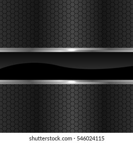 Abstract black glossy silver label on dark gray hexagon mesh luxury modern design background vector illustration.