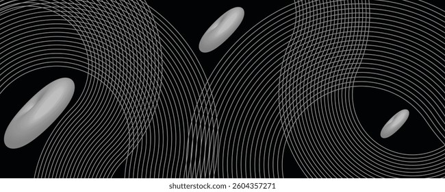 abstract black glowing geometric 3d modern shiny white circle lines pattern. suit for cover  banner  brochure