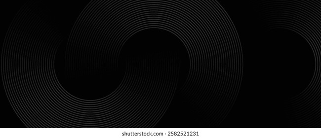 Abstract black glowing geometric lines modern shiny gray circle lines pattern, Modern black gray gradient rings. Suitable for banner, cover, poster, website, presentation, brochure, flyer, header