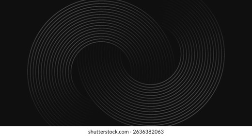 Abstract black glowing geometric lines on dark black background. Modern shiny black circle lines pattern. Futuristic technology concept. Suit for cover, poster, banner, brochure, header, website.